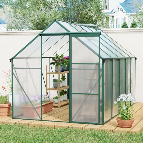 6x10 FT Green Outdoor Walk-in Polycarbonate Greenhouse Adjustable Roof Vent Sliding Door Aluminum Frame Galvanized Base for Backyard Gardening Plants Vegetables Flowers UV Protection Greenhouse