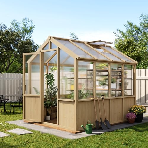 6x8 FT Greenhouse - Large Wooden Greenhouses for Outdoors, Heavy Duty Spruce Frame Greenhouse with PC Panels, Adjustable Roof Vents & Lockable Door, Walk-in Green Houses for Garden, Backyard, Patio