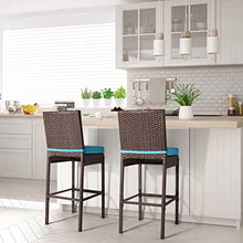 Outdoor Bar Stools Set of 4 with Backs Wicker Counter Height Bar Stools for Patio Armless Tall High Top Chairs for Outside with Footrest Cushion Blue All Weather Brown Rattan
