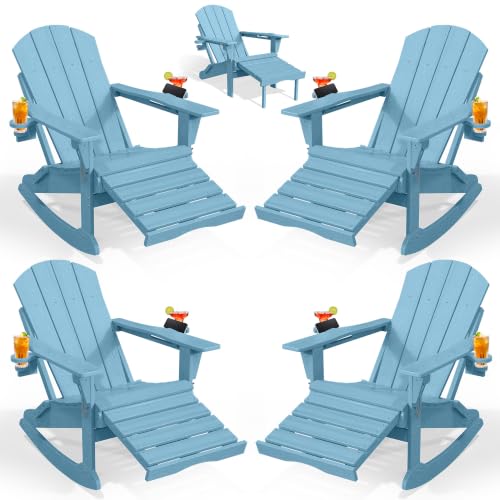 PLUUV Folding Adirondack Rocking Chair Set of 4, Retractable Ottoman, Aruba