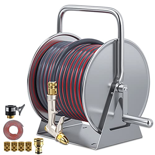 FENOKD Stainless Steel Garden Hose Reel with 10/15/20/30M Hose, Wall Mounted Hand Crank Water Pipe Reel Hose Storage Holder with 5 Pattern Hose Nozzle.C-30m