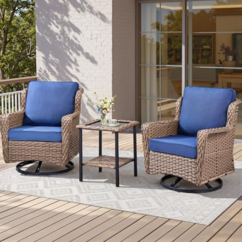 Hassyee 3 Pieces Wicker Bistro Set with Swivel Rocker Chairs and Square Coffee Table for Poolside, Balcony, Outdoor Patio Furniture Set with Washable Cushions and Glass Tabletop for Garden