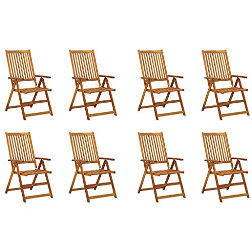 TEKGHUT Set of 8 Solid Acacia Wood Folding Garden Reclining Chairs with Brown Cushions, Outdoor Patio Reclining Chairs with Adjustable Armrests for Patio Seating
