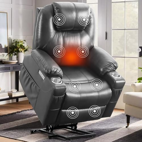 UOPYNE Large Lay Flat Power Lift Recliner Chair with Heat and Massage, Leather Electric Reclining Sofa with Remote Control, Cup Holder, USB Type C Charging Ports, Gray