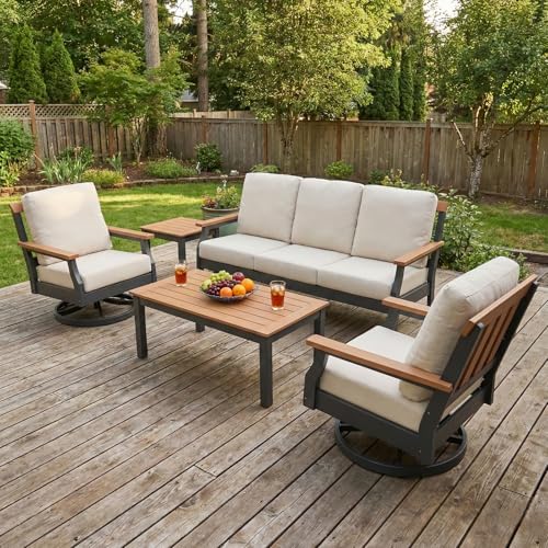 OTSUN 5 Pcs Outdoor Patio Furniture Set, Front Porch with 3-Seater Sofa 2 Swivel Chairs HDPE Aluminum and Side Table Sectional for Garden Terrace & Backyard (5 Pcs Outdoor Patio Furniture Set)