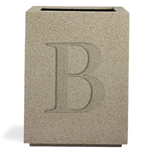 PolyStone Monogram B Tall Modern Outdoor Planter, 23" W x 18" D x 30" H – Lightweight Weather Resistant Vertical Planter for Patio, Entryway & Indoor Décor, Beige
