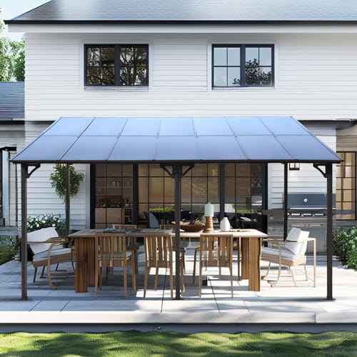 KEIKI 10x14 FT Outdoor Metal Flexible Top Lean to Gazebo Pergola with Sloped Roof, Heavy Duty Wall-Mounted Patio Awnings with Powder-Coated Steel Frame, for Lawn, Garden, Backyard and Deck, Grey