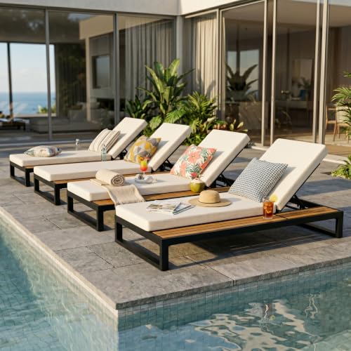 4 PCS Outdoor Acacia Wood Chaise Lounge with Cushions for Poolside, Lawn