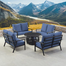 Oakland Living Black Aluminum Patio Fire Table Set with Four Deep Seating Loveseats with Cushions with Blue Cushions