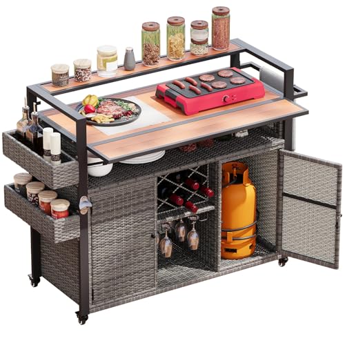 Doredo Wicker Outdoor Grill Cart with Extended Wood-Plastic Table Top, Outdoor Grill Table for Food Prep, Kitchen Island on Wheels with Storage Cabinet for Patio Backyard Garden Poolside, Gray