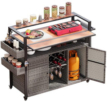 Doredo Wicker Outdoor Grill Cart with Extended Wood-Plastic Table Top, Outdoor Grill Table for Food Prep, Kitchen Island on Wheels with Storage Cabinet for Patio Backyard Garden Poolside, Gray