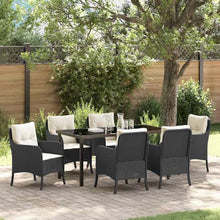 FUDUGEHMIOFWFJJ Modern 7-Piece Outdoor Dining Set with Cushions, Black Poly Rattan Patio Furniture Set for Garden Backyard Terrace, All-Weather Table and 6 Chairs for Entertaining