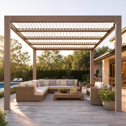 10x10ft Louvered Pergola, Outdoor Aluminum Patio Pergolas with Adjustable Louvered Roof, Integrated Drainage System, Outdoor Gazebo for Deck, Patio, Backyard and Garden, Wood Grain Color