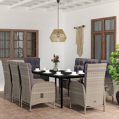 LKJVFCPW 9-Piece Patio Dining Set, Outdoor PE Rattan Table and 8 Ergonomic Chairs with Cushions, Weather-Resistant Garden Furniture for Backyard and Deck, Gray and Black