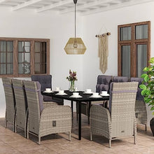 LKJVFCPW 9-Piece Patio Dining Set, Outdoor PE Rattan Table and 8 Ergonomic Chairs with Cushions, Weather-Resistant Garden Furniture for Backyard and Deck, Gray and Black