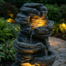 6-Tier Cascading Stone Water Fountain with 3 Warm LED Lights, Freestanding Outdoor Indoor Waterfall Feature, Resin Rock Style Decor for Garden Patio Yard Deck Porch Meditation Space