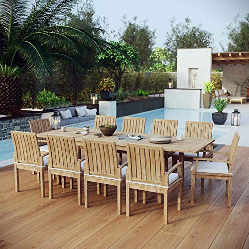 Modern Contemporary Outdoor Patio Balcony Side Dining Chair and Table Set, Wood, White Natural