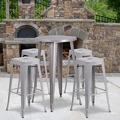 EMMA + OLIVER Commercial 24" Round Silver Metal Bar Table Set-4 Square Seat Backless Stools