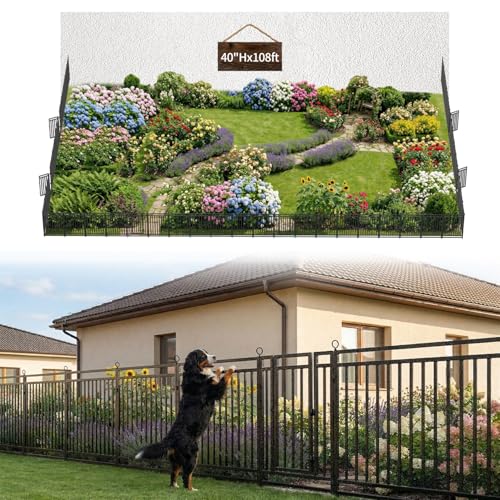 Decorative Garden Fence Metal Dog Fence Outdoor, 40in (H) x 108ft (L), 42 Panels + 6 Gates, Heavy Duty Garden Fencing Animal Barrier for Patio & Flower Bed, Black-Silver