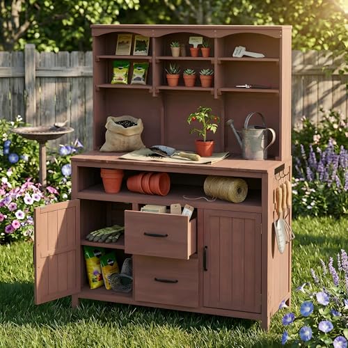 GDFStudio Junley Outdoor Storage Bench Table with Cabinet, Patio Wooden Potting Bench Plant Bench, Large Garden Storage Work Bench with Drawers, Cabinets, Hooks and Countertop, Kitchen Island, Brown
