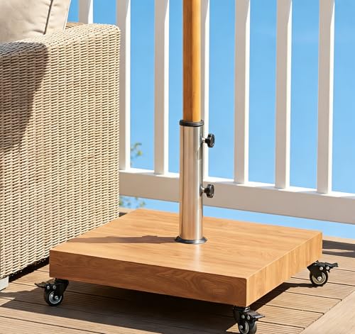 Square Outdoor Umbrella Base with Wheels.Concrete-Filled Iron Design with Wood Grain Finish & Adjustable Stainless Steel Post.Stable Support for Patio,Garden & Poolside.32mm-48mm Pole Compatibility