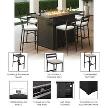 LeisureMod Chelsea Collection Aluminum Outdoor Dining Set with Fire Pit Table and 6 Bar Chairs Beige