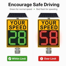 Solar Radar Speed Sign for Neighborhood & School Zones, 20x27 or 24x35 Inch, LED MPH/KMH, Stable Radar in Rain/Snow, Daylight Readable, Rust-Free Aluminum, Easy Pole Mount – No Wiring(yellow,20*27in)