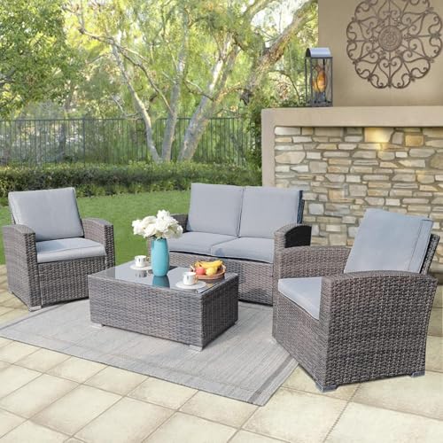 HTERWQEA Patio Furniture Set 4 Piece, Outdoor Wicker Conversation Set, Rattan Seating with Soft Cushions for Small Space Balcony Backyard Lawn, Tempered Glass Coffee Table