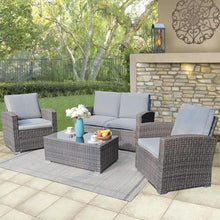 HTERWQEA Patio Furniture Set 4 Piece, Outdoor Wicker Conversation Set, Rattan Seating with Soft Cushions for Small Space Balcony Backyard Lawn, Tempered Glass Coffee Table