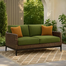 Benzara Izon Outdoor Loveseat, 2 Throw Pillows, Green, Brown Woven, 60 Inch