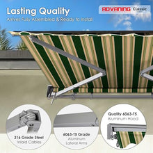ADVANING Classic Series 12'X10' Manual Retractable Awning, 100% Acrylic UV+ Sun Shade Canopy, Green w/Beige Stripes, MA1210-A230H