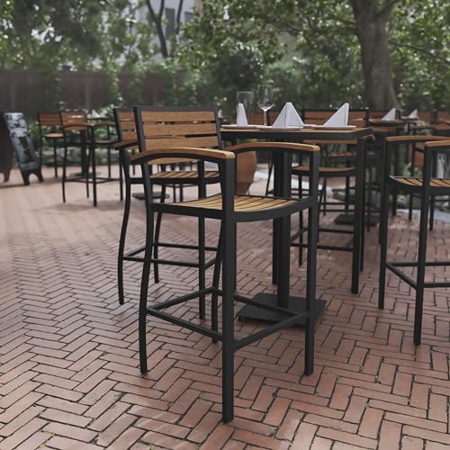 BizChair Commercial Grade Bar Height Stool with Arms, All-Weather Outdoor Bar Stool with Faux Wood Poly Resin Slats and Aluminum Frame, Teak