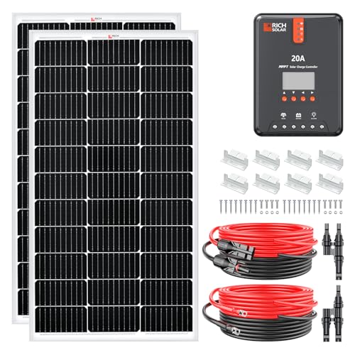 RICH SOLAR 200 Watt 12 Volt Monocrystalline Solar Starter 20A MPPT Charge Controller/Mounting Z Brackets/Tray Cable/Adaptor Kit