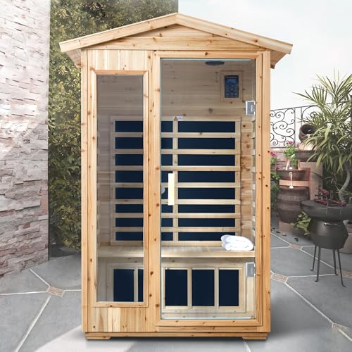 GDFStudio 58.27" 2 Person Outdoor Far Infrared Sauna Old Fir Cabin 1750W 6 Panel Heater 110V/120V Waterproof Exterior Bluetooth Audio LED Lighting Glass Door Home Spa Room