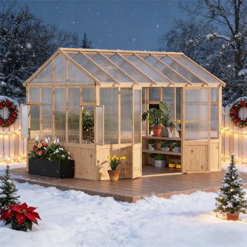 Garvee 8X12 FT Wooden Greenhouse for Outdoor - Heavy Duty Walk-in Green House Kit with 6mm Polycarbonate, Lockable Door & Ventilated Window for Backyard, Patio, Lawn