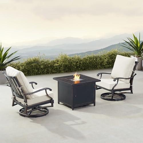 Oakland Living Black Aluminum Patio Fire Table Bistro Set with Two Club Chairs with Light Grey Cushions