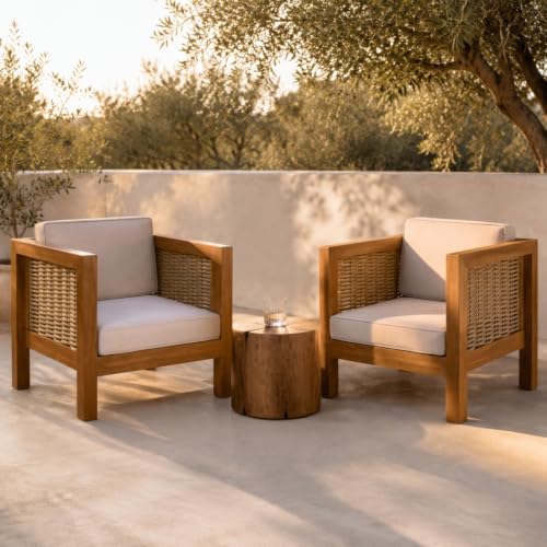 OROTLECT Outdoor Acacia Wood Wicker Club Chairs Set of 2, Patio Rattan Accent Armchairs with Thick Beige Cushions, Modern Single Seating Furniture for Porch Garden Backyard Balcony