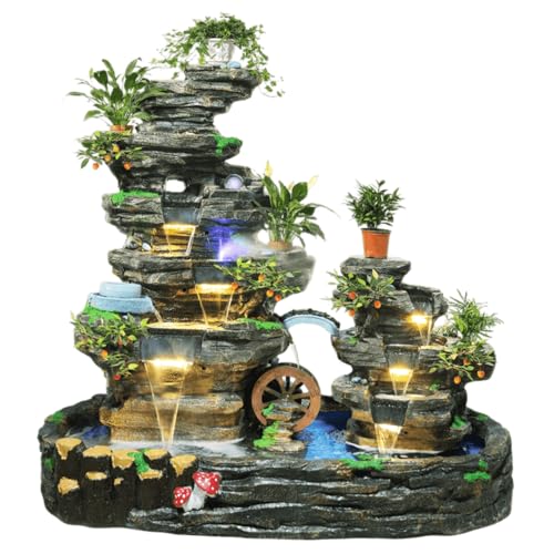 Large Multi-Tier Rockery Waterfall Fountain with LED Lights, Natural Zen Garden Decoration, Indoor & Outdoor Water Feature with Pond for Home, Office, Patio, or Yard(#C)