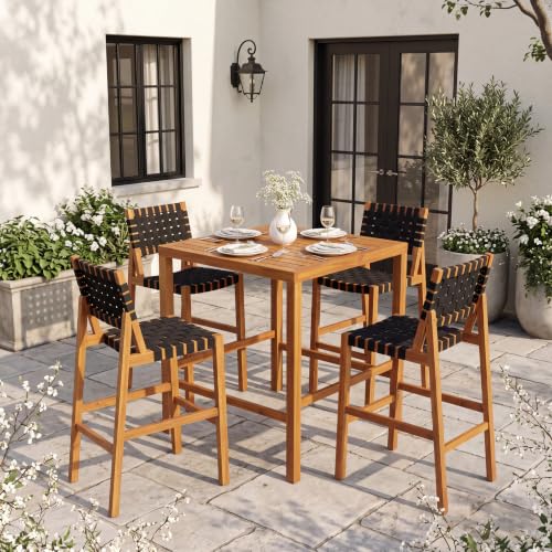Christopher Knight Home Balew 5-Piece Outdoor Bar Set, Acacia Wood Patio Bar Table and Chairs Set, Solid Wood Patio Dining Set for 4 with Bar Stools,Teak + Black