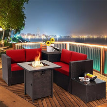 5 PCS Patio Rattan Furniture Set 30" Fire Pit Table W/Cover Cushion Red