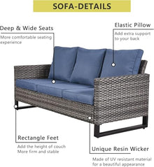 HTERWQEA Patio Furniture Set 5 Piece Outdoor Wicker Rattan Sectional Sofa, Conversation with Cushions, Couch for Backyard Porch Garden Poolside Blue