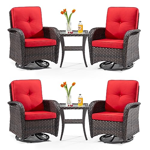 Gardenbee Wicker Chairs - Outdoor Rocking Chairs Set of 4 with 2 Wicker Side Tables, Patio Swivel Rocker Chair 6 Piece Patio Furniture Sets for Porch Deck (Brown/Red)