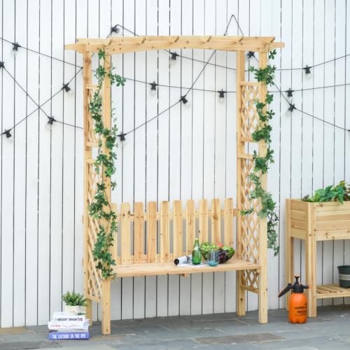 Wooden Garden Arbor with Bench and Fir Wood Frame for Growing Grapes, Vines, Flowers, Outdoor Decorative Seating Bench with Two-Side Trellis for Backyard, Garden
