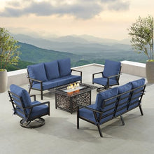 Oakland Living Black Aluminum Patio Fire Table Set with Two Deep Seating Sofa with Cushions and Two Club Chairs with Blue Cushions