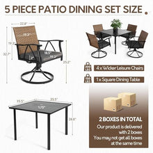 Andehomy 5-Piece Patio Dining Set for 4，Outdoor Dining Set with Wicker Swivel Patio Dining Chairs with Cushions & 1 Black Square Woodgrain Dining Table with 1.75”Market Umbrella Hole, Black & Brown