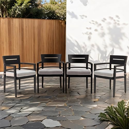 Outdoor Patio K/D Aluminum Stationary Chairs 4PCS with Outdoor-Grade Fabric Cushions, Tapered Feet, Black