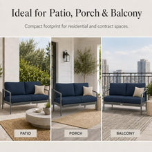 Golden Flame Outdoor Loveseat, 2-Seat Patio Sofa with Powder-Coated Aluminum Frame, Olefin Rope Back, Sunbrella Cushions - Black Finish Frame, Spectrum Indigo Fabric