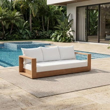 Outdoor Escape White Fabric Outdoor Sofa, Contemporary Style, Cushioned Seat with Pillow, Teak Finish, Spacious 87-Inch Width