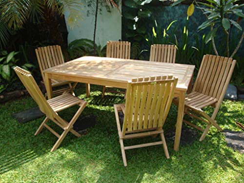 Windsor's, Premium Grade A Teak Dining Set, 71 x 35 in. Rectangular Table w/ 6 Comfortable Folding Chairs w Lumbar Support, Seats 6, 5 Yr Wrty, World's Best Outdoor Furniture. Teak Lasts A Lifetime.