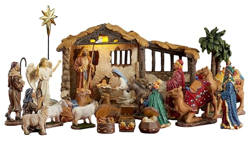 Three Kings Gifts Complete 23 Piece 7 Inch Nativity Set with LED Lighted Stable – Christmas Manger Scene with Holy Family Wise Men Shepherds Animals & Authentic Gold Frankincense Myrrh Gifts